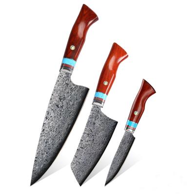 China Viable 3 Pcs Kitchen Knives Set Japanese Damascus Kitchen Knife Chef Nakiri Paring Knives Steel Wood Handle for sale