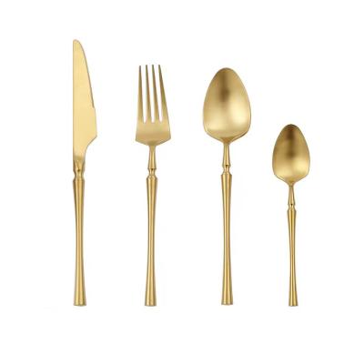 China Classic High End Stocked Design Stainless Steel Flatware Spoon Fork Knife Weeding Gold Cutlery for sale