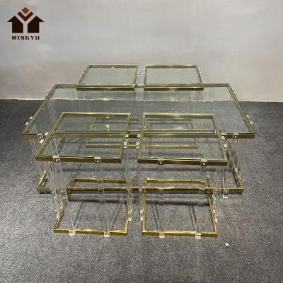 China New Design Modern Gold Living Room Coffee Table Set Tempered Glass Center Table Haute Couture 1+4 Tea Table Set for sale