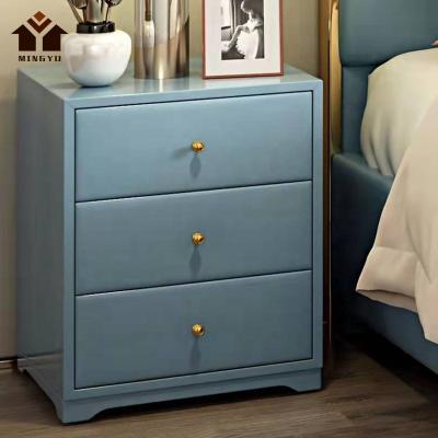 China Newest Design PU Bedside Table Multi Functional Nightstand Bedroom Furniture Cheap Price Modern Light Blue Leather Wholesale for sale