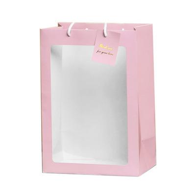 China Gift & High Quality New Craft Christmas Bouquet Pink Portable Flower Design Carrier Craft Paper Bag With PVC Window for sale