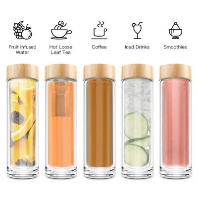 China Sustainable Double Wall Water Bottle 450ml Glass Bamboo Lid Drinking Glass With Tea Strainer for sale