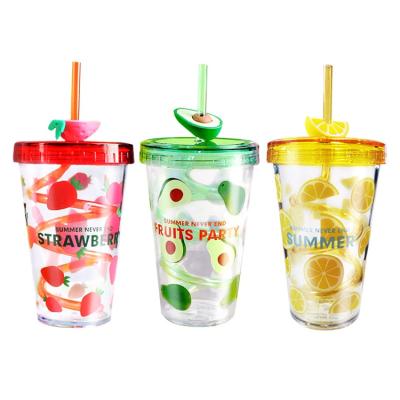 China New Mid Century Style Modern Summer Creative Plastic Cup Rotating Straw Cup Fruit Pattern Student Water Plastic Cup for sale