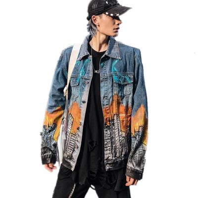 China Fashion Linghang QUICK DRY design printed denim jacket jeans jacket for men Digital printing cotton overall jeans jacket for men for sale