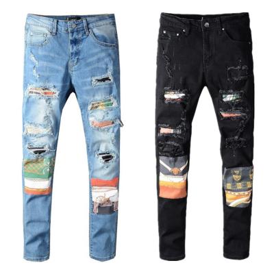 China Viable Distressed Destroyed Badge Mens Pants Skinny Patchwork Biker Jeans Slim Trousers Jeans Pants For Men Slim Fit for sale