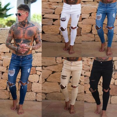 China Cheap Destroyed Popular Custom Made QUICK DRY Jeans Pants Male Solid Color Denim Pants Ripped Skinny Men Jean Denim for sale