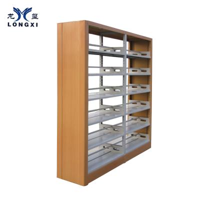 China Modern Steel Double Sided Library Shelves Design Wooden Book Rack for sale