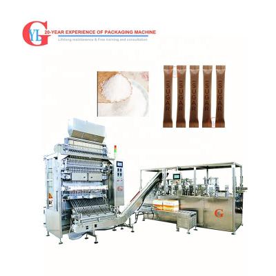 China Plastic Sachet Professional Customize Vertical Type Automatic Sugar Salt Juice Food Medical Stick Sachet Packing Machine Line With Boxing Te koop