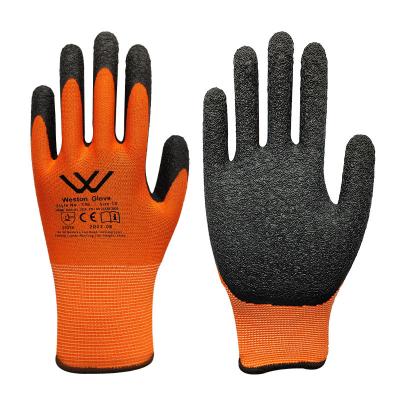 China Anti-slip Weston Hot Sell CE 13 Gauge Polyester Nylon Lining Crinkle Latex Plam Coated Work Safety Glove For Hand Protection for sale