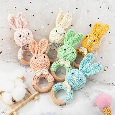 China Wholesale BPA FREE Handmade Natural Beech Wood Baby Toys Rattles Cotton Crochet Bunny Teething Ring for sale