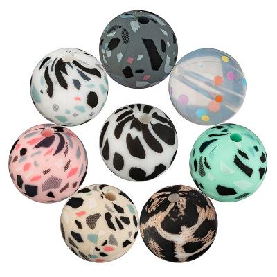 China Toy Wholesale Hot Silicone Beads BPA Free Leopard Camouflage Silicone Soft Round Beads Baby Teething Colorful Beads for sale