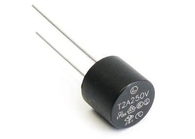 China 8.5x7.2mm SR-5-2A-AP Subminiature Sized Round Plastic Time-lag Micro Fuse SRT1200A T2A250V With Lead Spacing 5.08mm for sale