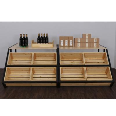 China Retail Corrosion Protection Wooden And Metal Fruit And Wine Racks Pallet Display Racks Red Wine Island Fixture Display Cases for sale