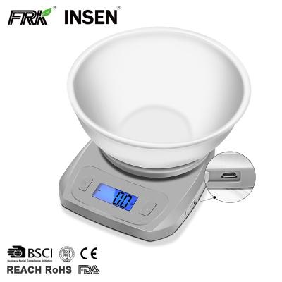 China Weight Measuring High Precision 3.7V 250 Mah Usb Rechargeable Battery Kitchen Food Digital Electronic Scale With Bowl for sale