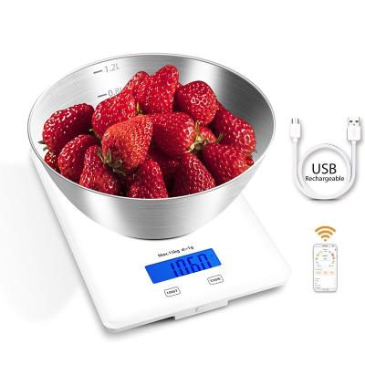 China Weight Measuring USB Rechargeable Food Weight Nutrition Smart Kitchen Scale 15Kg 33Lb With Bowl for sale