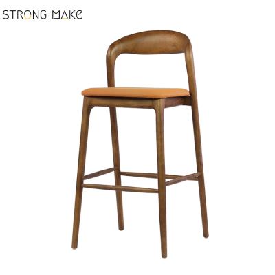 China Modern Commercial Bar Furniture Solid Ash Wood Brown Color Counter Bar Stool With Leather Seat And Step for sale