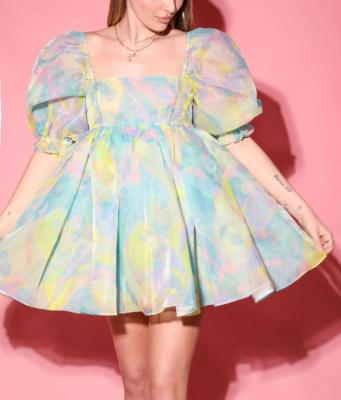 China Breathable Tie Dye Bubble Dress Custom Women Puff Dress Korean Princesses Lace Up Dresses For Girls Women for sale