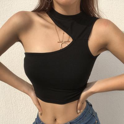 China Women QUICK DRY Asymmetrical Tube Collar Top Black Sleeveless One Shoulder One Hollow Out Camisole Vest Crop Shirt For Ladies for sale