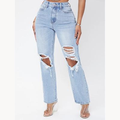 China QUICK DRY Destroyed Loose Ripped High Waist Jeans Women's Plus Size Skinny Ladies Trousers High Waisted Long Pants for sale