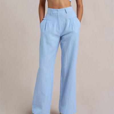 China 2022 Anti-wrinkle fashion ladies wide leg blue pants casual plus size women's outdoor trousers straight linen pants for sale