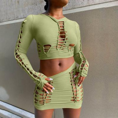 China 2022 NEW Y2K sexy hollow out QUICK DRY lace up crop top long sleeve mini skirt women matching two piece set for sale