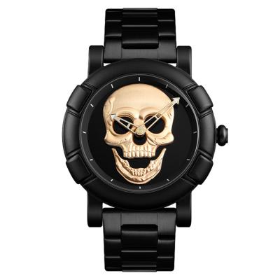 China Fashionable 3D Water Resistant Black Embossed Dial Skull Style Watch Backs Custom Quartz Watch for sale