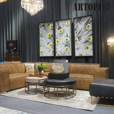 China Full leather design luxury top grain leather sectional sofa shaped sofa conern 7 seater feather sofa set living room furniture for sale