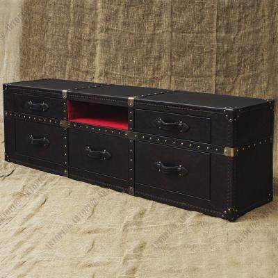 China Vintage Leather Black Genuine Leather Living Room Furniture With Three Drawers Tv Stand for sale