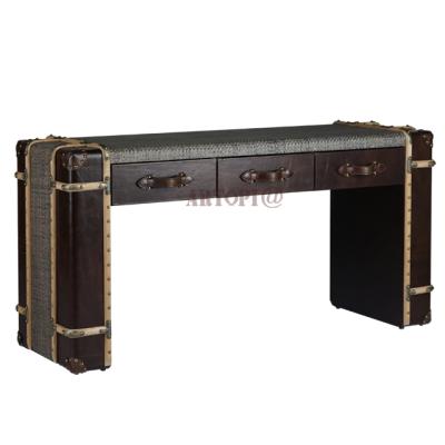 China Antique Vintage Lobby Furniture Leather Rattan Carpet Design Console Table With 3 Drawers for sale