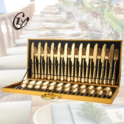 China Stocked Colorful Stainless Steel Cutlery Couverts De Table 48pcs Cutlery Set With Wooden Box for sale