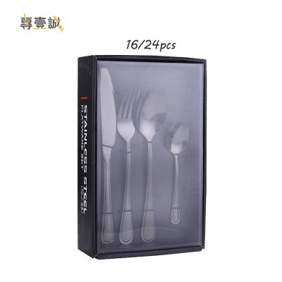 China Viable Gift Box 16/24 Pcs Custom Cutlery Set Box Black Stainless Steel Silverware Flatware for sale