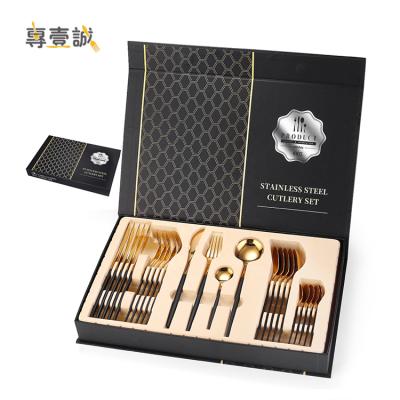 China Workable 24 Piece Cutlery Gift Set Knife Spoons and Fork Sets, Stainless Steel Gold Black Cutlery 24pcs Set for sale