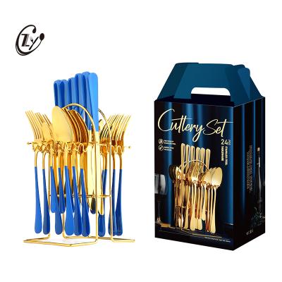 China 24pcs Gold Stainless Steel Stand Flatware Knife Fork Knife Spoon Viable European Luxury Cutlery Set With Gift Box for sale