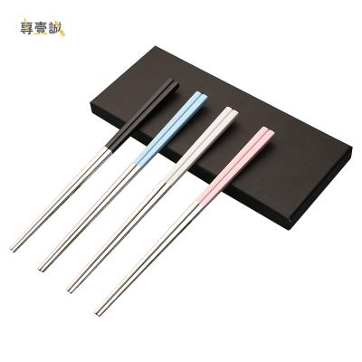 China Sustainable Colorful Handle Korean Custom Chopsticks Reusable Stainless Steel Chopsticks for sale