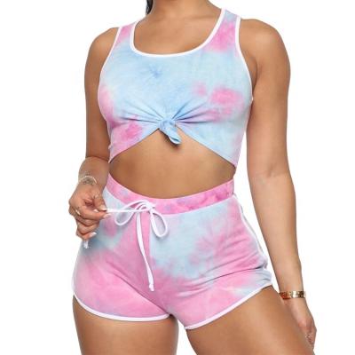 China Summer Breathable Girl Lounge Shorts Set 2 Piece Set Front Knot Sleeve Crop Top High Waist Shorts With Adjustable Drawstring for sale