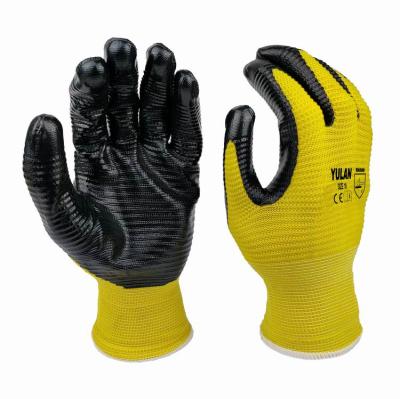 China Hand Protection YULAN DNP202 13 Gauge Yellow Polyester Black Nitrile Coated Gloves, Wavy Texture Increases Grip for sale