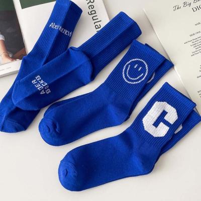 China HY-644 Klein Blue QUICK DRY Crew Socks Couple Cotton Letter and Smiley Socks Boy for sale