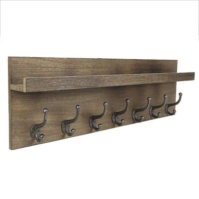 China Sturdy Rustic Entryway Shelf Wood Coat Rack With 7 Antique Shabby Chic Home Decor Wall Mounted Hat Shelf Ledge Metal Hooks for sale