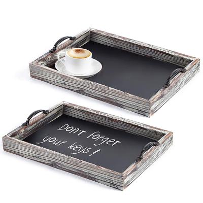 China Eco-Friendly Rustic 2 Piece Nesting Wooden Serving Tray With Metal Handles for sale