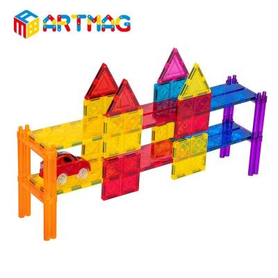 China Magnet Race Car Track Building Block Eco-friendly Material Plastic Educational Toy Set Magnetic Tiles Car STEM Learning Building Kit for sale