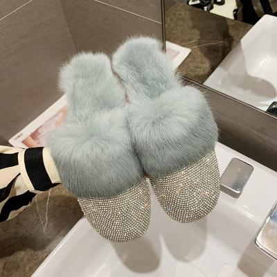 China Fashion Trend Size Women Fur Slippers Ladies Big Round PU Shoes Crystal Slippers Diamond Mules Flats Fur Toe Designer Shoes Luxury Rhinestone for sale