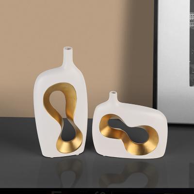 China Modern Modern Irregular Gold Plated Ceramic Vase White Flower Arrangement Living Room Dining Table Home Decoration Matt Porcelain Vases for sale