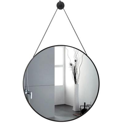 China Country Hanging Mirrors For Wall Round Mirror Black Metal Framed Mirrors With Chain for sale