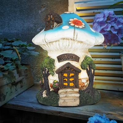 China Europe Garden Decoration Resin Solar Light Blue Mushroom Fairy House for sale