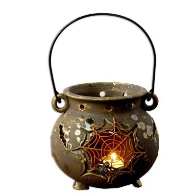 China HOLIDAY fall cobweb cauldron shaped indoor or outdoor decoration light ceramic Halloween lantern for sale