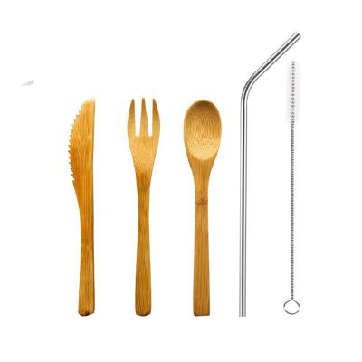 China Custom Viable High Quality 6 Pcs Portable Bamboo Spoon Knife Chopsticks Drinking Straw And Clean Brush Set For Home Kitchen for sale