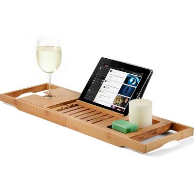 China Sustainable Bamboo Bath Tray With Extended Edge Multi-Function Extendable Reading Shelf for sale