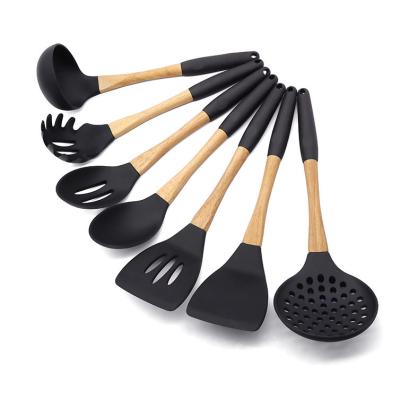 China Sustainable KingForce 7 Pcs Silicone Utensils Cooking Sets Spatula Spoon And Turner Set For Cooking With Wooden Handle for sale