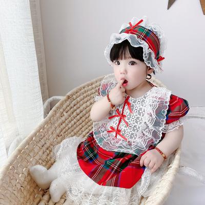 China Summer Style Ball Gown British Short Sleeve Baby Girl Formal Princess Flower Birthday Party Lace Up Dress With Hat for sale