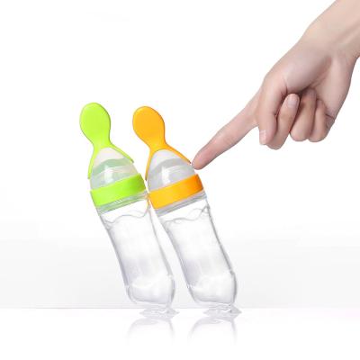 China 3OZ BPA Free Baby PP Easy Squeeze Silicon Bottle Liquid Food Feeder With Spoon for sale